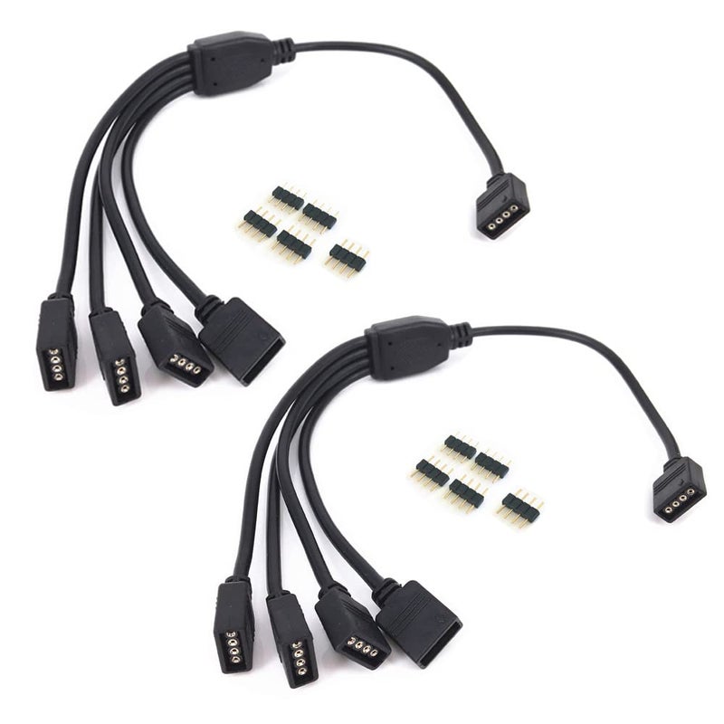 HUALAND 2 pcs Black 4 Pins LED Splitter Cable LED Strip Connector 4 Way Splitter Y Splitter for One to Four RGB 5050 3528 LED Light Strips with 10x Male 4 Pin Plugs -30cm/11.81inch Long - Image 1
